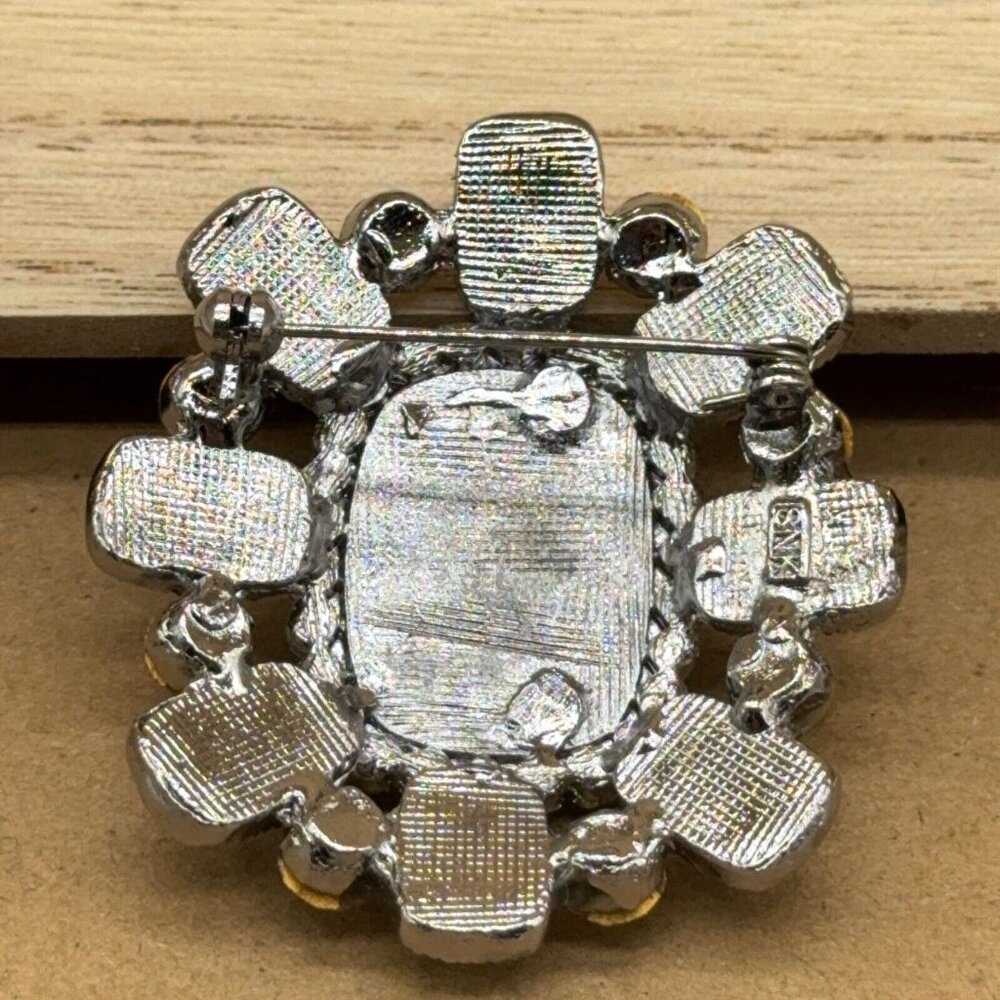 SNK Confetti Brooch Silver Tone Metallic Iridescent Green Gold Smoky Faceted 2" - Picture 6 of 8